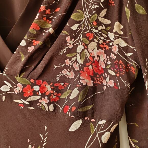 Women 90s Y2K Nature Fairy Goblincore Silk Blouse Top M  Brown Floral Sheer - Picture 2 of 14